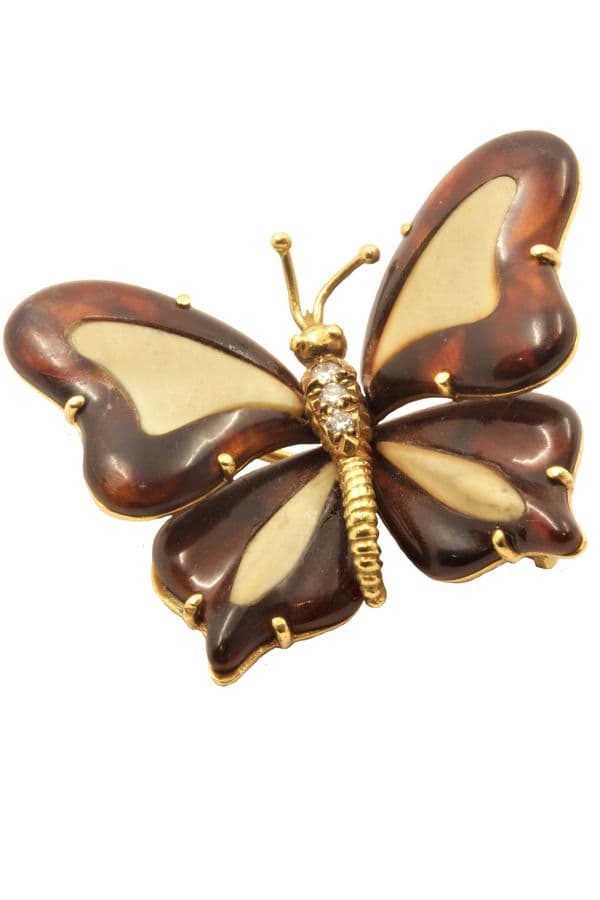 BROCHE PAPILLON EN AMBRE, IVOIRE ET DIAMANTS — vue 1