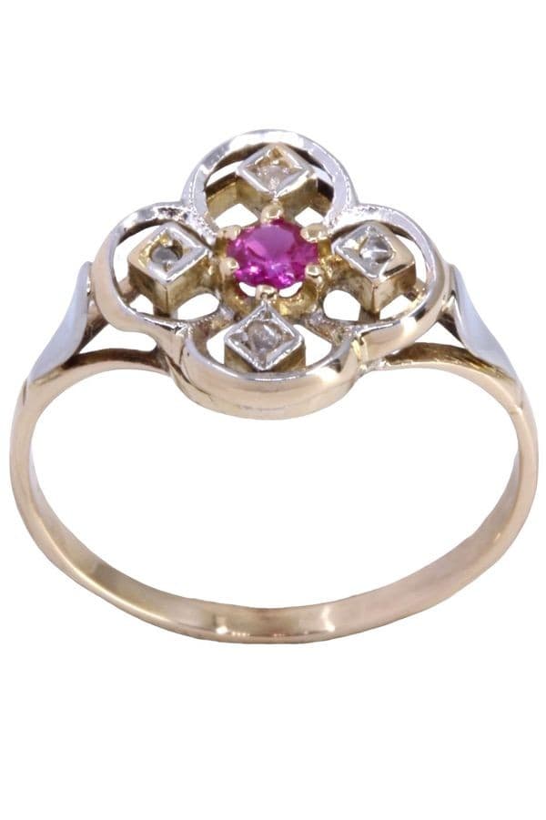 BAGUE TRÈFLE ART-NOUVEAU RUBIS ET DIAMANTS — vue 1