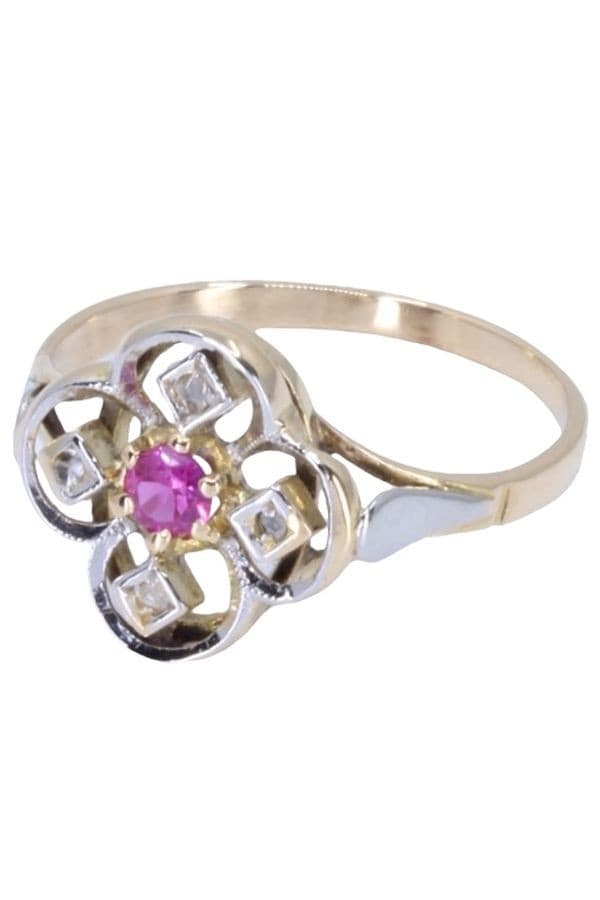 BAGUE TRÈFLE ART-NOUVEAU RUBIS ET DIAMANTS — vue 6