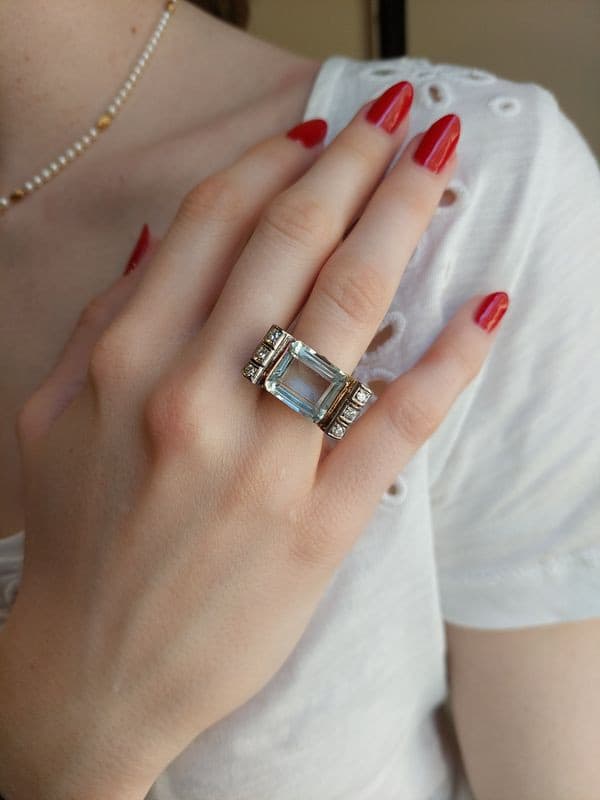 BAGUE TANK AIGUE-MARINE-ET DIAMANTS — vue 2