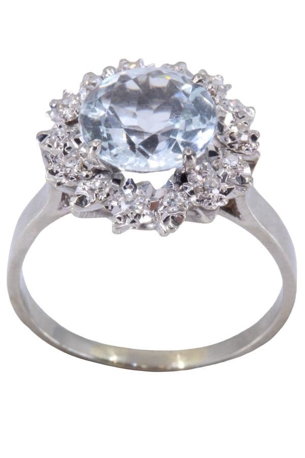 BAGUE ANCIENNE AIGUE-MARINE ET DIAMANTS — vue 1
