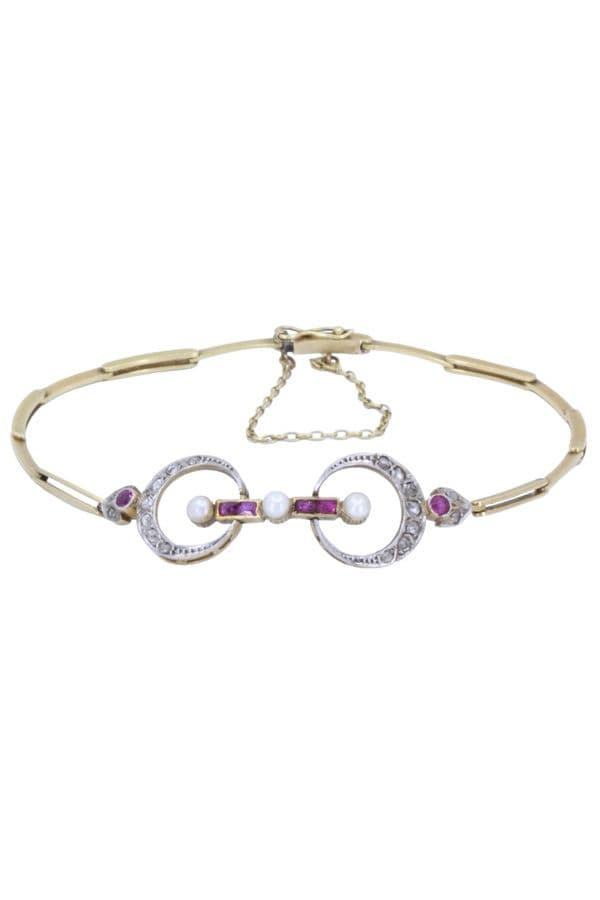 BRACELET ART-NOUVEAU PERLES RUBIS ET DIAMANTS — vue 1