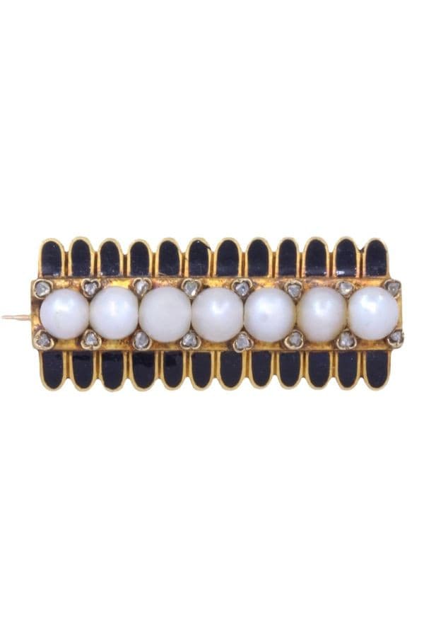 BROCHE ANCIENNE PERLES ÉMAIL ET DIAMANTS — vue 1