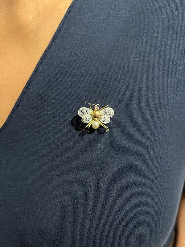 BROCHE INSECTE PERLE ET DIAMANTS — vue 2