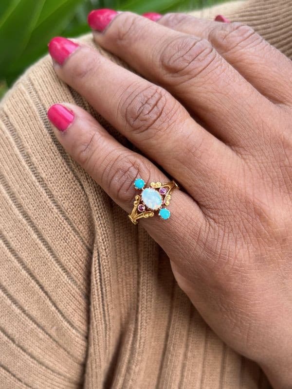 BAGUE NAPOLÉON III OPALE, TURQUOISES ET TOURMALINES — vue 2