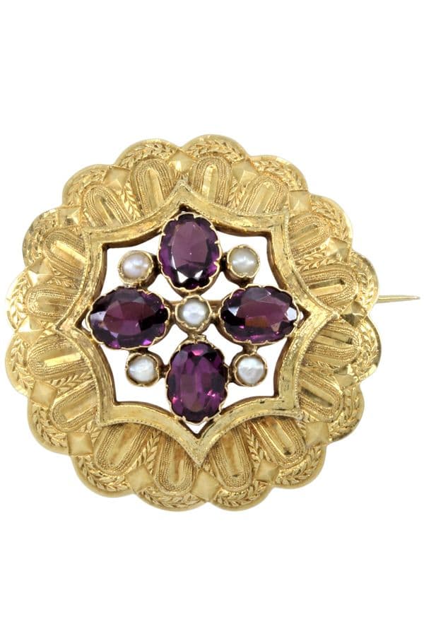BROCHE ANCIENNE PERLES ET AMÉTHYSTES — vue 1