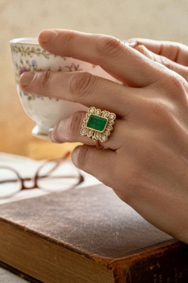 BAGUE MARGUERITE ÉMERAUDE ET DIAMANTS — vue 2