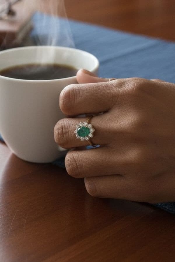 BAGUE MARGUERITE ÉMERAUDE ET DIAMANTS — vue 2
