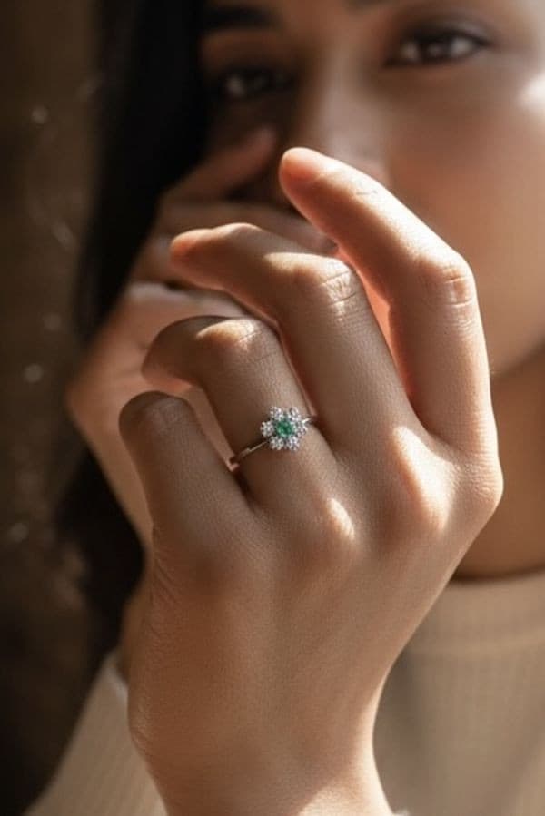 BAGUE FLEUR EMERAUDE ET DIAMANTS — vue 2