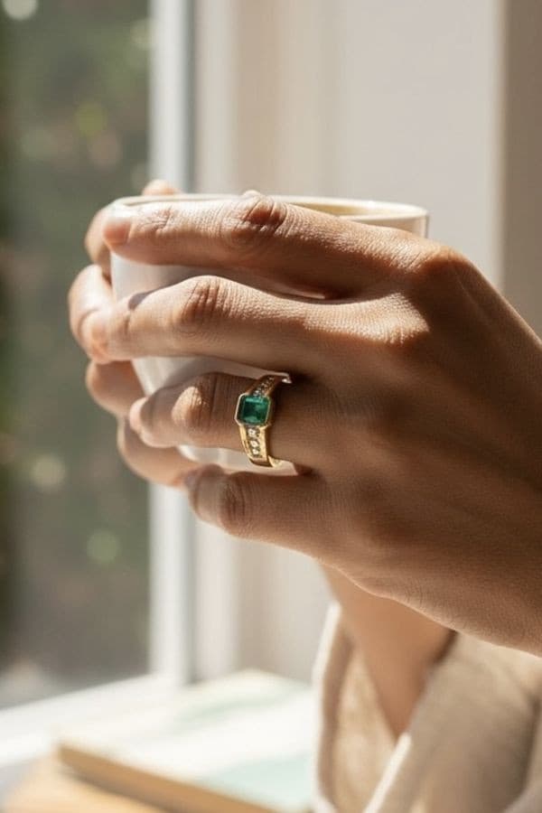 BAGUE MODERNE ÉMERAUDE ET DIAMANTS — vue 2