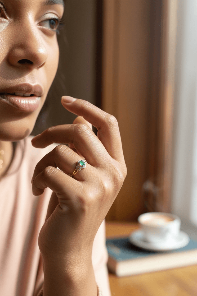 BAGUE MODERNE ÉMERAUDE ET DIAMANTS — vue 2