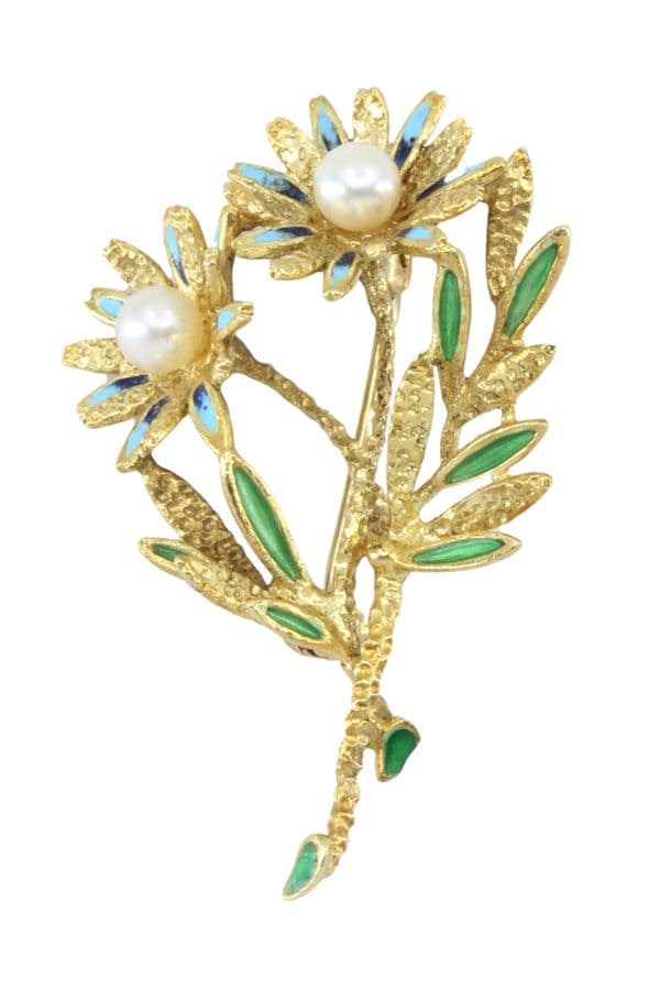 BROCHE FLORAL ÉMAIL ET PERLES — vue 1