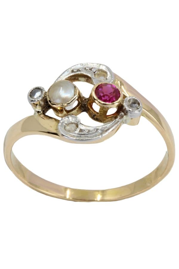 BAGUE RUBIS PERLE ET DIAMANTS ART NOUVEAU — vue 1