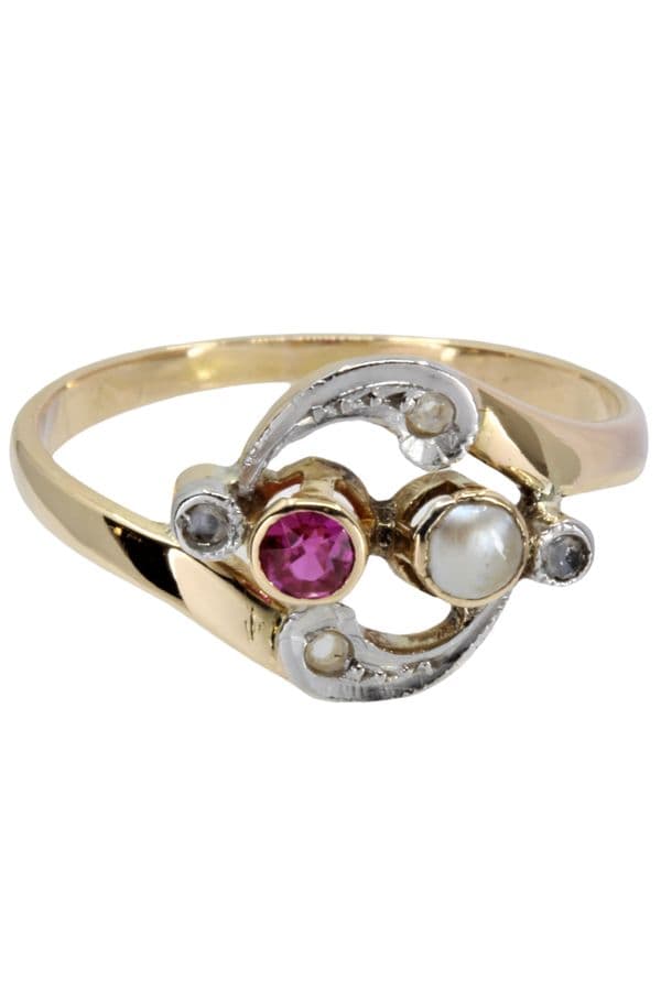 BAGUE RUBIS PERLE ET DIAMANTS ART NOUVEAU — vue 3