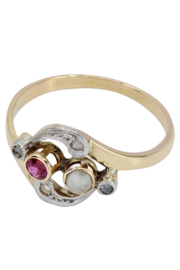 BAGUE RUBIS PERLE ET DIAMANTS ART NOUVEAU — vue 4
