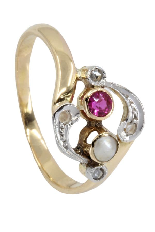BAGUE RUBIS PERLE ET DIAMANTS ART NOUVEAU — vue 6
