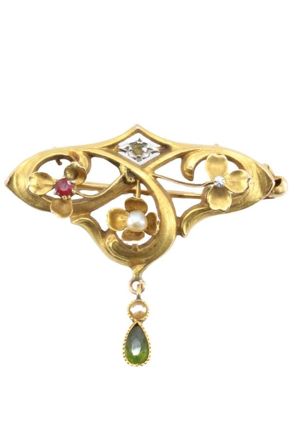 BROCHE ART-NOUVEAU TOURMALINES ET PERLE — vue 1