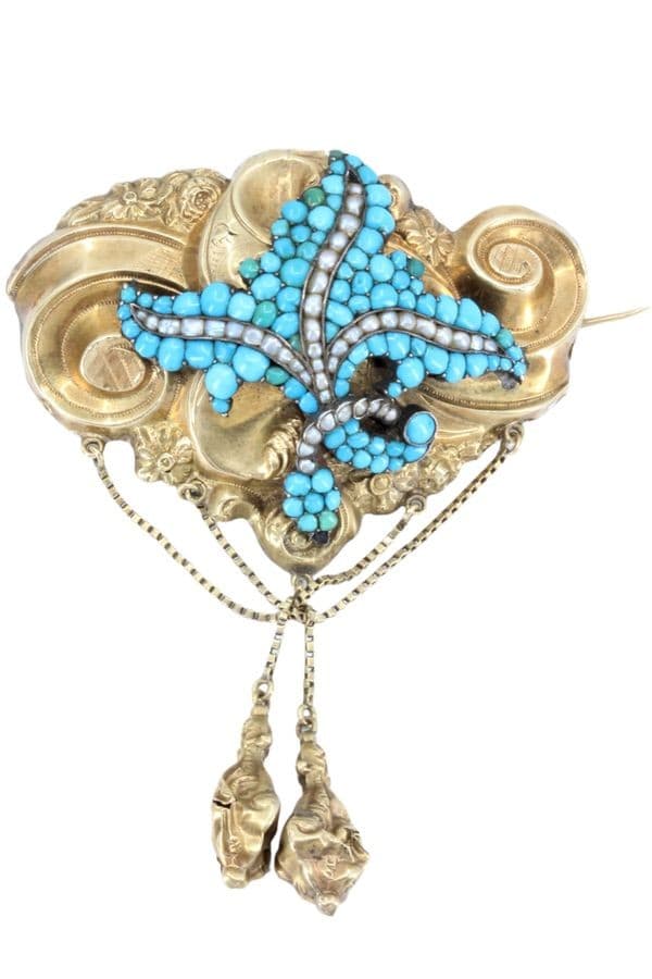 BROCHE ANCIENNE PERLES ET TURQUOISES — vue 1