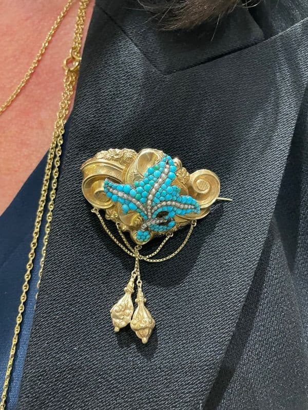 BROCHE ANCIENNE PERLES ET TURQUOISES — vue 2