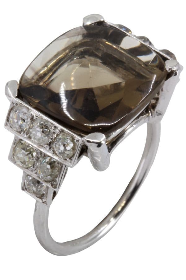 BAGUE STYLE ART-DÉCO QUARTZ FUMÉ ET DIAMANTS — vue 4