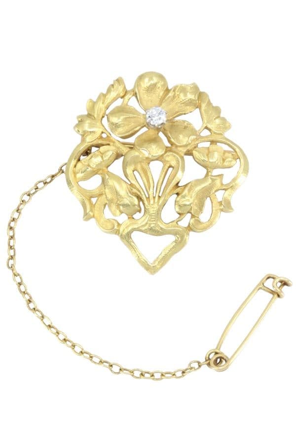 BROCHE ART-NOUVEAU FLEURS ET DIAMANT — vue 3