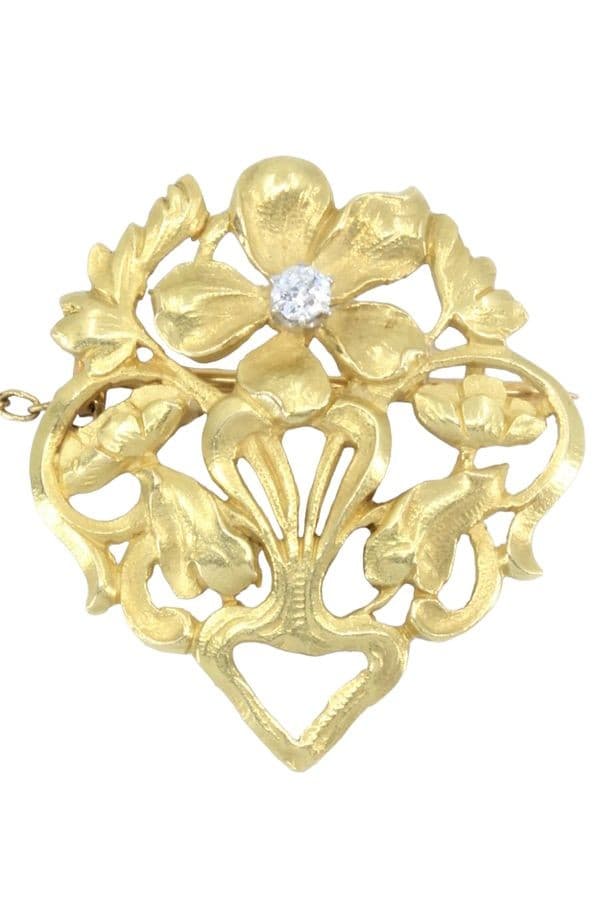 BROCHE ART-NOUVEAU FLEURS ET DIAMANT — vue 1