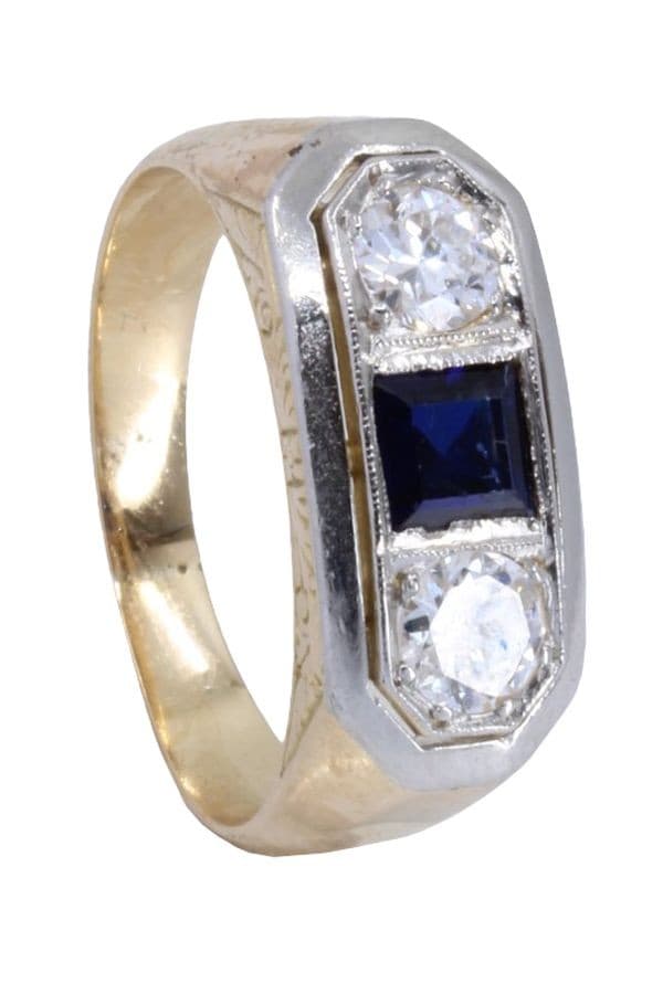 BAGUE ART-DÉCO SAPHIR CALIBRÉ ET DIAMANTS — vue 5