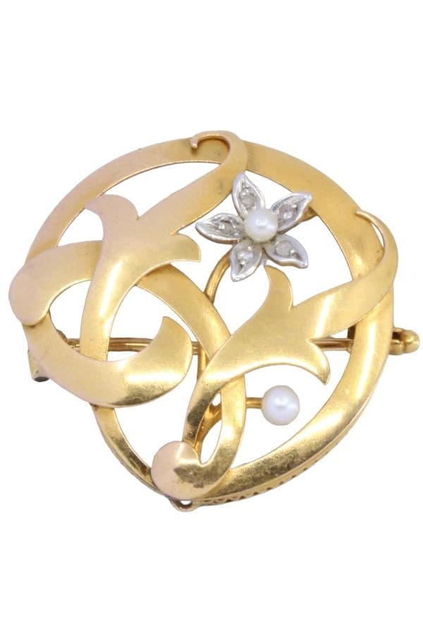 BROCHE ANCIENNE FLEUR ET PERLES — vue 1