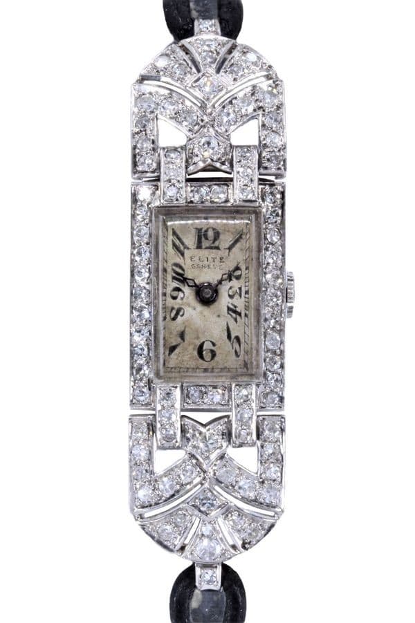 MONTRE ELITE ART-DÉCO PLATINE ET DIAMANTS — vue 1