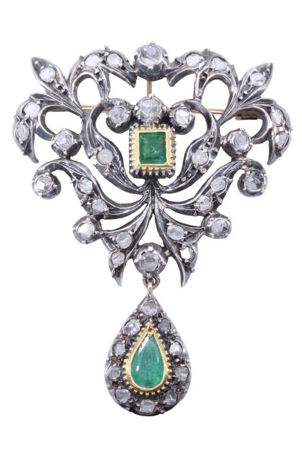 BROCHE PENDENTIF ART-NOUVEAU ÉMERAUDES ET DIAMANTS — vue 1