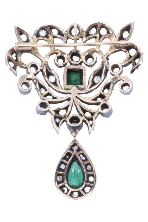 BROCHE PENDENTIF ART-NOUVEAU ÉMERAUDES ET DIAMANTS — vue 3