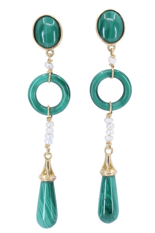 BOUCLES D'OREILLES PENDANTES MALACHITE ET PERLES — vue 1