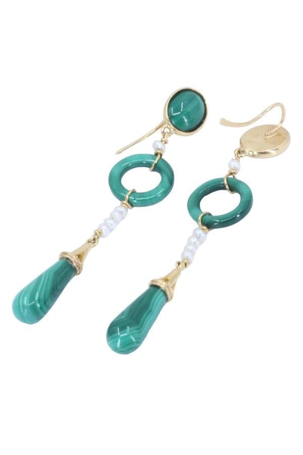 BOUCLES D'OREILLES PENDANTES MALACHITE ET PERLES — vue 3