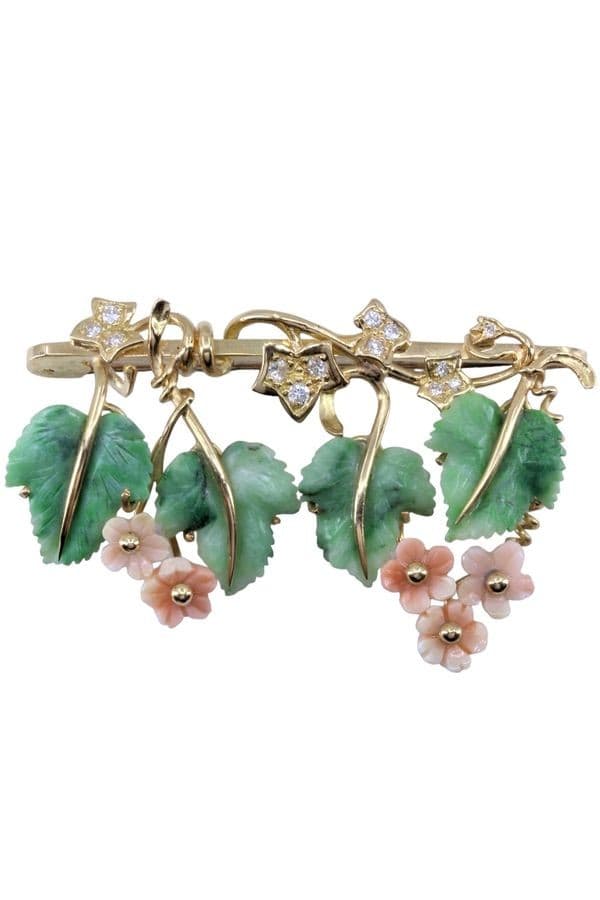 BROCHE JADE CORAIL ET DIAMANTS