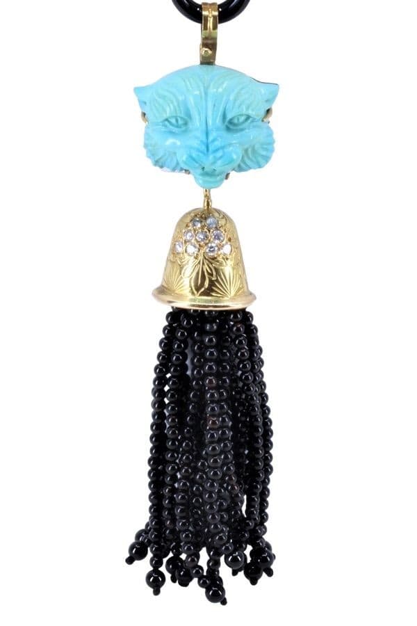 COLLIER ANCIEN TÊTE DE LION ONYX, TURQUOISE ET DIAMANTS — vue 3