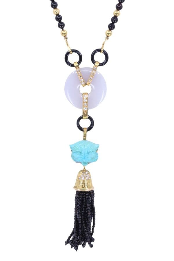 COLLIER ANCIEN TÊTE DE LION ONYX, TURQUOISE ET DIAMANTS — vue 1
