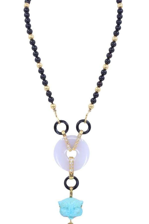 COLLIER ANCIEN TÊTE DE LION ONYX, TURQUOISE ET DIAMANTS — vue 4