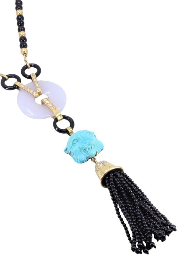 COLLIER ANCIEN TÊTE DE LION ONYX, TURQUOISE ET DIAMANTS — vue 5